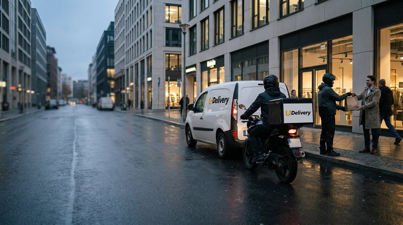 Livreur UDelivery à moto et camionnette UDelivery en livraison dans une rue de ville au crépuscule