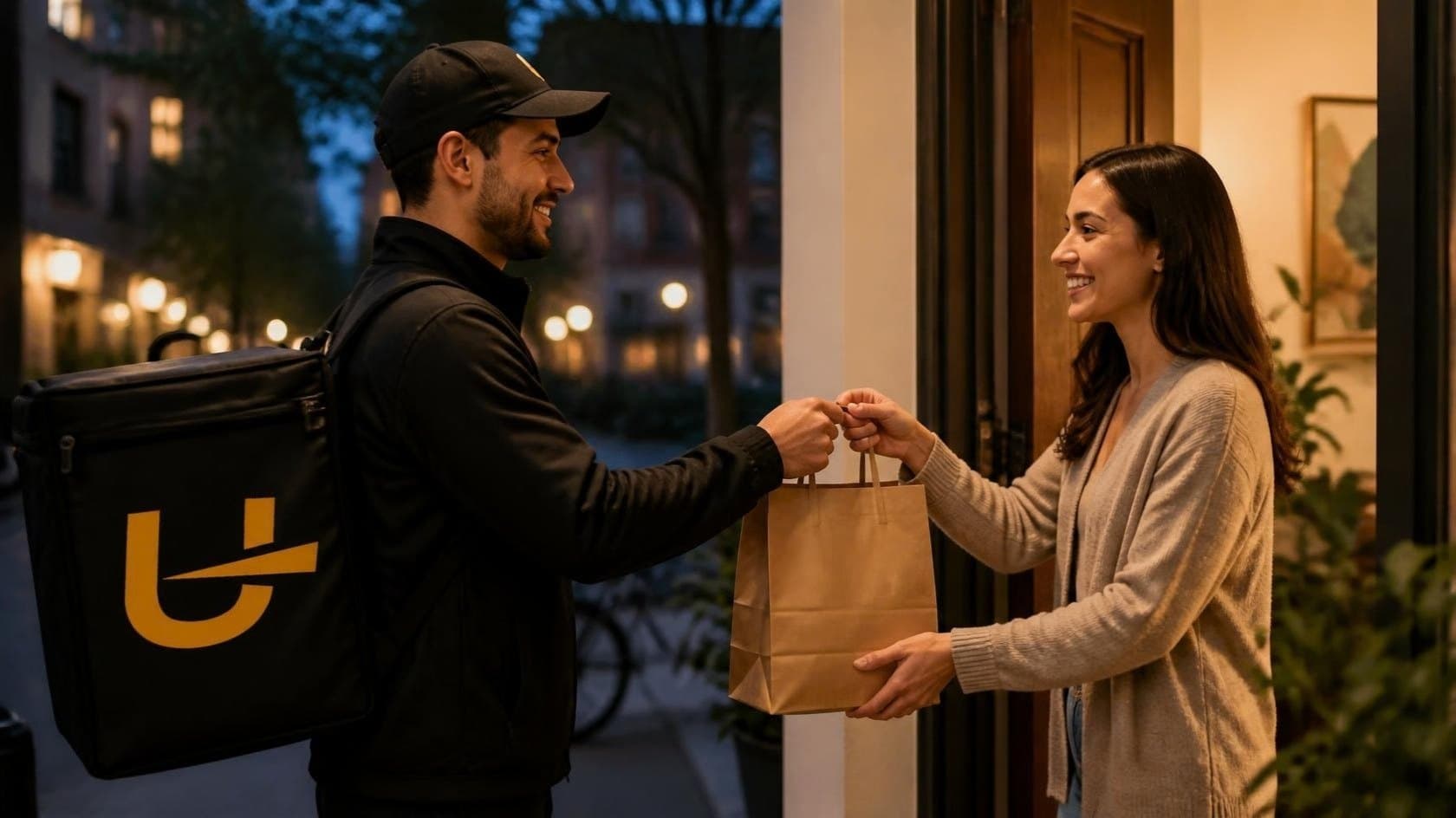 Livreur UDelivery remettant une commande à une cliente sur le pas de sa porte, en soirée