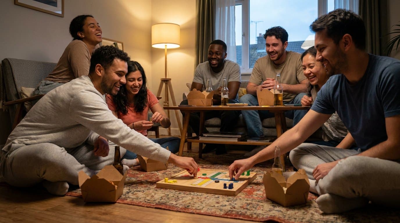 Amis jouant à un jeu de société au salon, repas livrés à portée de main