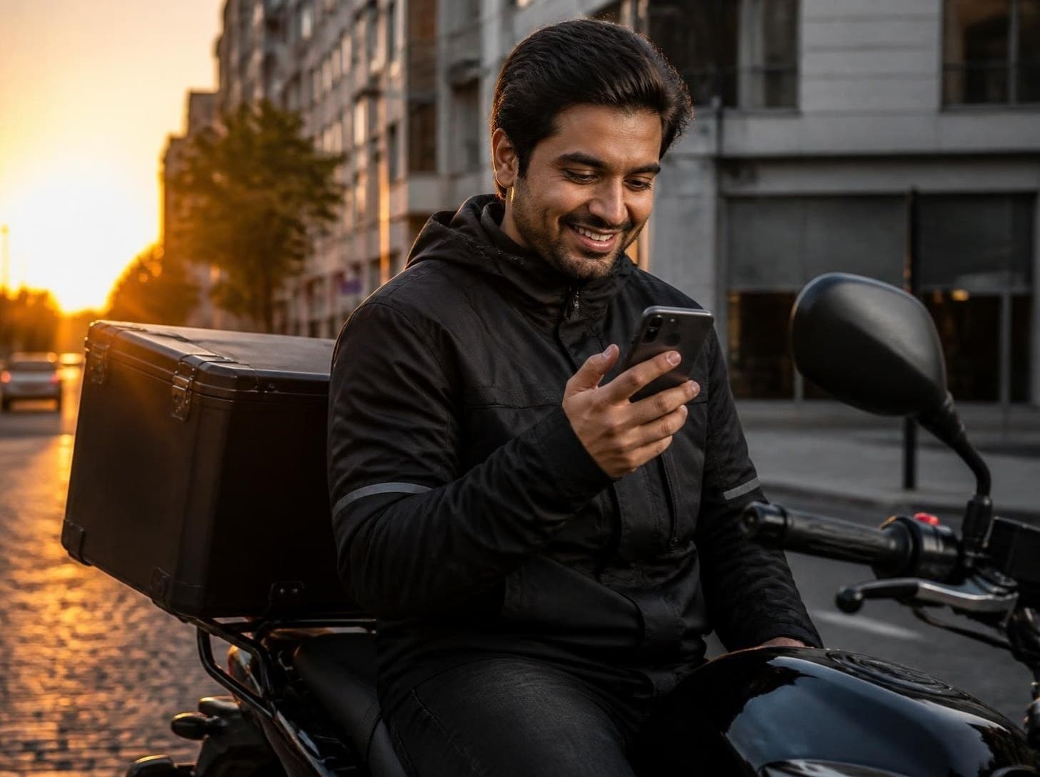 Livreur souriant qui consulte ses gains sur son téléphone