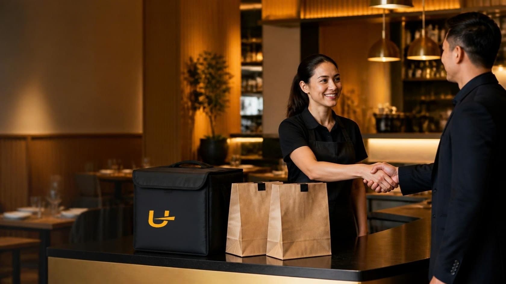 Une restauratrice serre la main d’un responsable des partenariats UDelivery, devant des commandes à emporter et un sac isotherme UDelivery